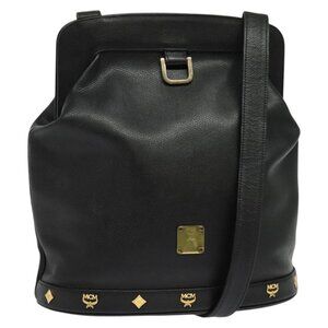Authentic MCM Studs Shoulder Bag Leather Black Gold